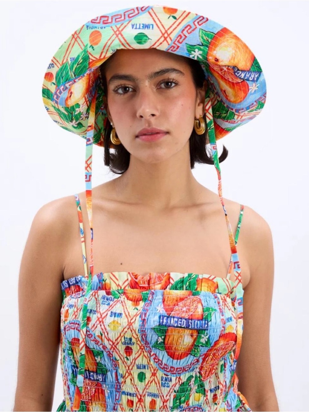 Colorful Citrus Print Bucket Hat with Chin Ties - Multi-Color Women’s Hat